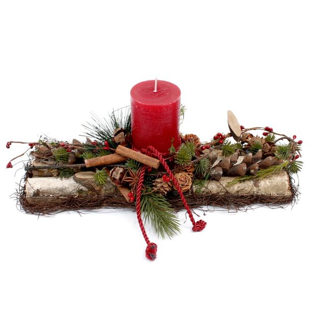 Längliches Gesteck mit roter Kerze - NaturProdukt