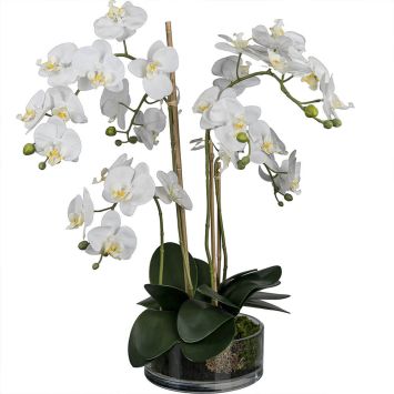 Kunstblume Orchidee in stilvoller Glasschale